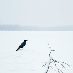 A serene snowy landscape featuring a vast expanse of white snow blanketing the ground, delicate snowflakes gently falling from a dusky gray sky
