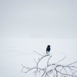 A serene snowy landscape featuring a vast expanse of white snow blanketing the ground, delicate snowflakes gently falling from a dusky gray sky