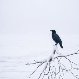 A serene snowy landscape featuring a vast expanse of white snow blanketing the ground, delicate snowflakes gently falling from a dusky gray sky