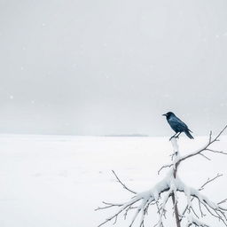 A serene snowy landscape featuring a vast expanse of white snow blanketing the ground, delicate snowflakes gently falling from a dusky gray sky