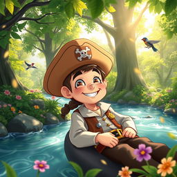 Aesthetic image of a character resembling a cartoon pirate with straw hat, relaxing in a serene natural setting, surrounded by lush green trees, flowing rivers, and vibrant flowers