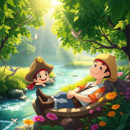 Aesthetic image of a character resembling a cartoon pirate with straw hat, relaxing in a serene natural setting, surrounded by lush green trees, flowing rivers, and vibrant flowers