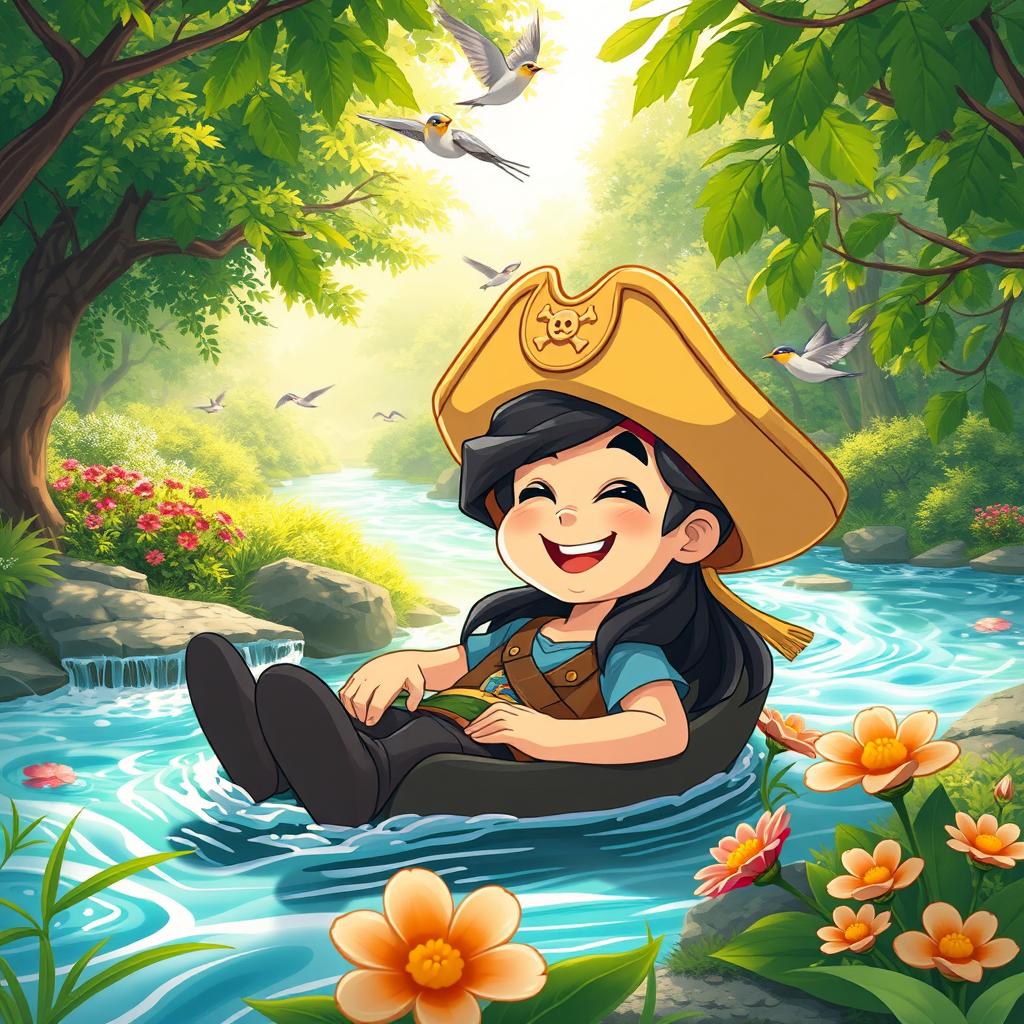 Aesthetic image of a character resembling a cartoon pirate with straw hat, relaxing in a serene natural setting, surrounded by lush green trees, flowing rivers, and vibrant flowers
