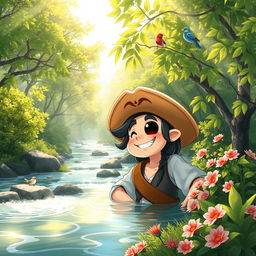 Aesthetic image of a character resembling a cartoon pirate with straw hat, relaxing in a serene natural setting, surrounded by lush green trees, flowing rivers, and vibrant flowers