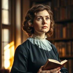 A stunning portrait of Harriet Martineau, showcasing her intellectual and determined expression as she gazes thoughtfully into the distance