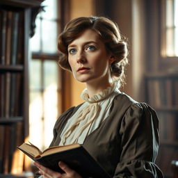A stunning portrait of Harriet Martineau, showcasing her intellectual and determined expression as she gazes thoughtfully into the distance