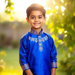 A young boy wearing a vibrant blue panjabi, standing confidently with a smile on his face