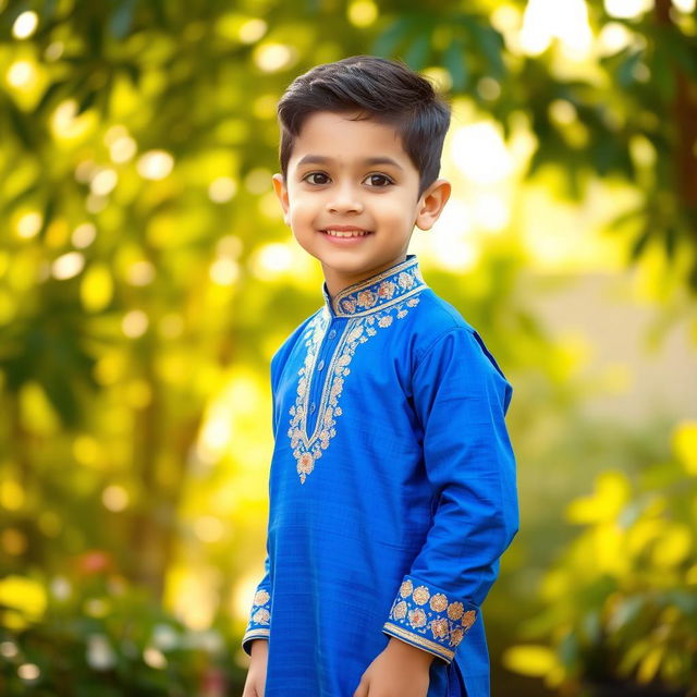 A young boy wearing a vibrant blue panjabi, standing confidently with a smile on his face