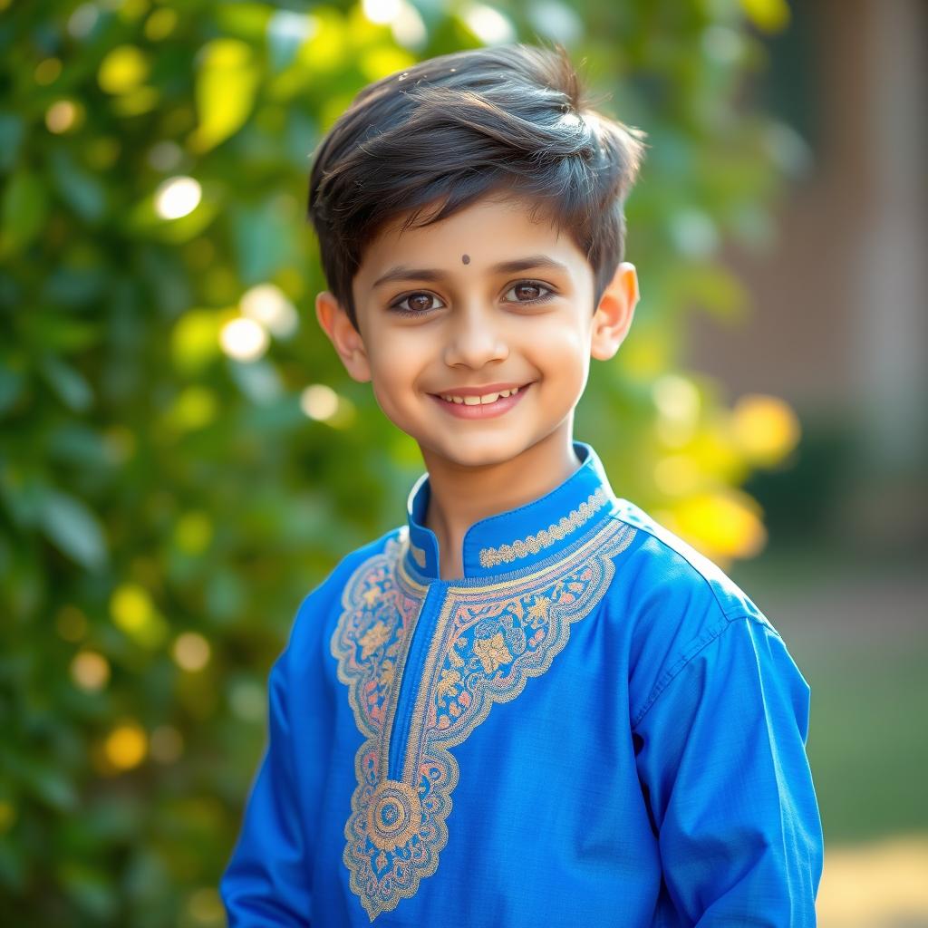 A young boy wearing a vibrant blue panjabi, standing confidently with a smile on his face