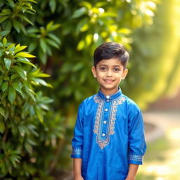 A young boy wearing a vibrant blue panjabi, standing confidently with a smile on his face