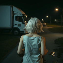 A white truck in the background at night, featuring a man wearing a cap