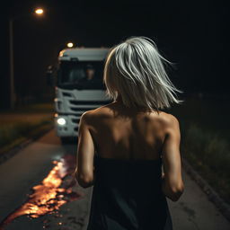 A white truck in the background at night, featuring a man wearing a cap
