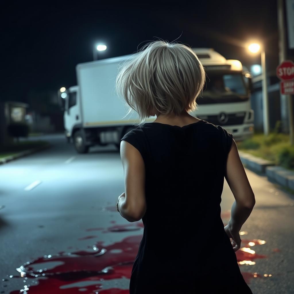 A white truck in the background at night, featuring a man wearing a cap