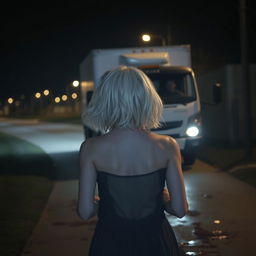 A white truck in the background at night, featuring a man wearing a cap