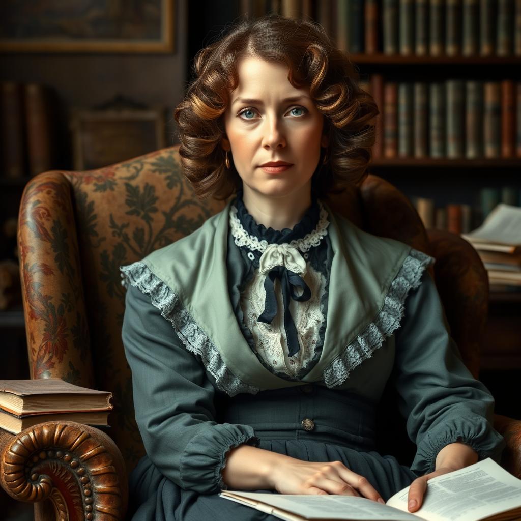 A striking and detailed portrait of Harriet Martineau, showcasing her Victorian attire, with soft curls framing her face