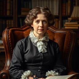 A striking and detailed portrait of Harriet Martineau, showcasing her Victorian attire, with soft curls framing her face