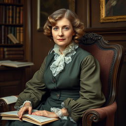 A striking and detailed portrait of Harriet Martineau, showcasing her Victorian attire, with soft curls framing her face