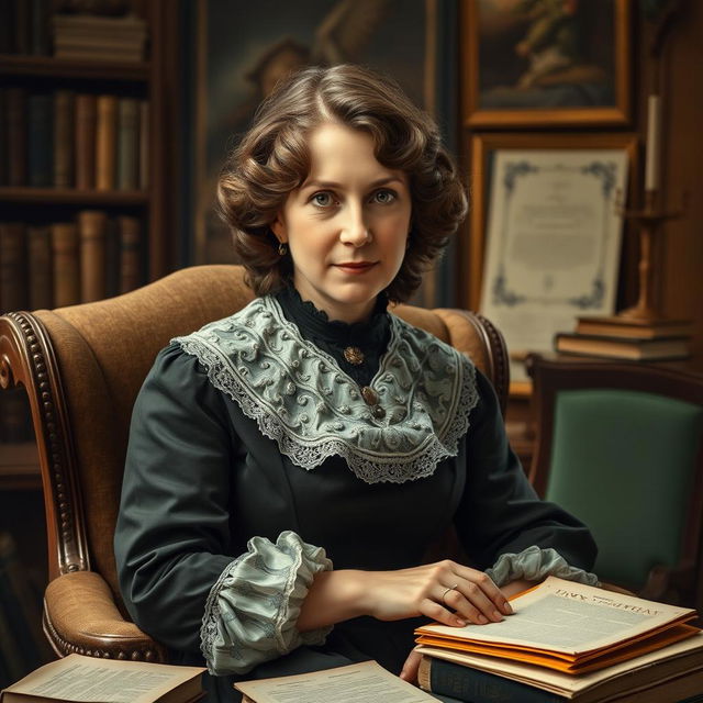 A striking and detailed portrait of Harriet Martineau, showcasing her Victorian attire, with soft curls framing her face