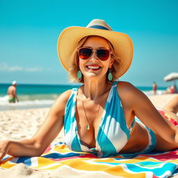 A beautiful, sun-soaked beach scene featuring an attractive, confident middle-aged woman in stylish beachwear