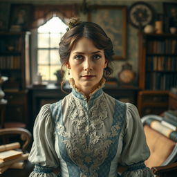 A visually captivating portrait of Harriet Martineau, highlighting her intricate Victorian dress with lace details and a high neckline