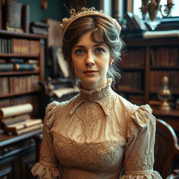 A visually captivating portrait of Harriet Martineau, highlighting her intricate Victorian dress with lace details and a high neckline