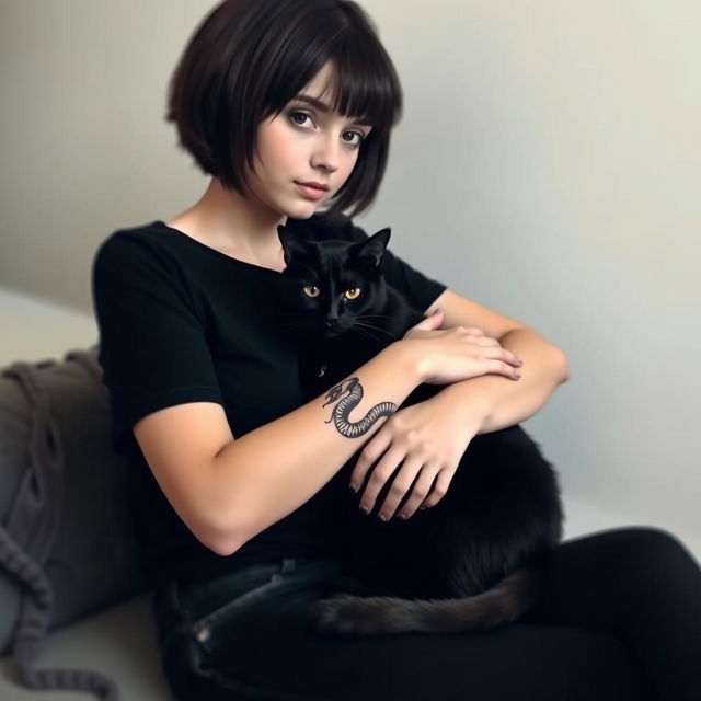 A girl with short dark brown hair sitting casually, wearing a fitted black t-shirt