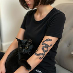 A girl with short dark brown hair sitting casually, wearing a fitted black t-shirt