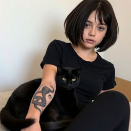 A girl with short dark brown hair sitting casually, wearing a fitted black t-shirt