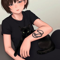 A girl with short dark brown hair sitting casually, wearing a fitted black t-shirt