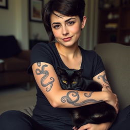 A young woman with short dark brown hair, wearing a casual black t-shirt, sitting comfortably with a sleek black cat curled up on her knees