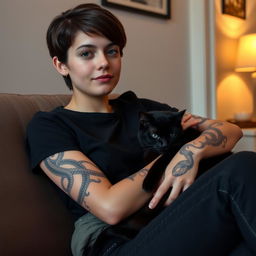 A young woman with short dark brown hair, wearing a casual black t-shirt, sitting comfortably with a sleek black cat curled up on her knees