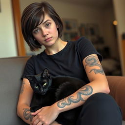 A young woman with short dark brown hair, wearing a casual black t-shirt, sitting comfortably with a sleek black cat curled up on her knees