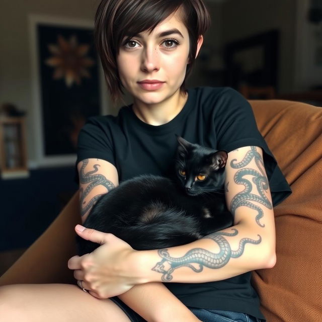A young woman with short dark brown hair, wearing a casual black t-shirt, sitting comfortably with a sleek black cat curled up on her knees