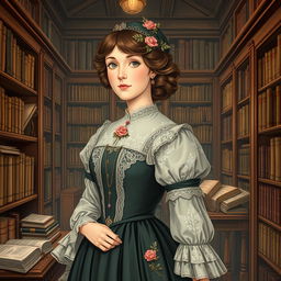 A beautifully detailed illustration of Harriet Martineau, featuring her traditional Victorian dress with delicate lace and floral embellishments