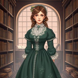 A beautifully detailed illustration of Harriet Martineau, featuring her traditional Victorian dress with delicate lace and floral embellishments