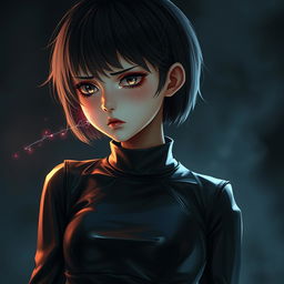 A girl with short hair dressed in sleek leather clothing, standing in a dramatic pose, her eyes filled with tears and an intense expression of hatred