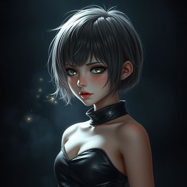 A girl with short hair dressed in sleek leather clothing, standing in a dramatic pose, her eyes filled with tears and an intense expression of hatred