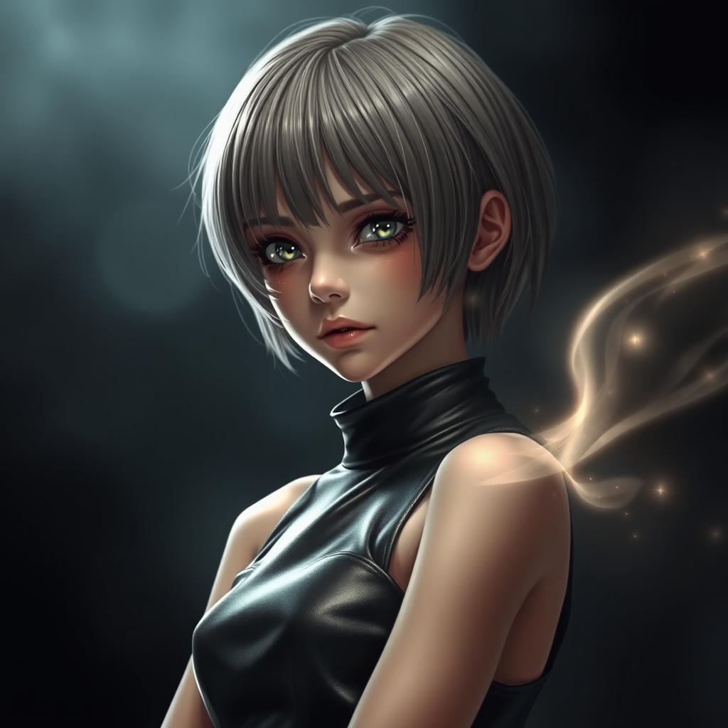 A girl with short hair dressed in sleek leather clothing, standing in a dramatic pose, her eyes filled with tears and an intense expression of hatred