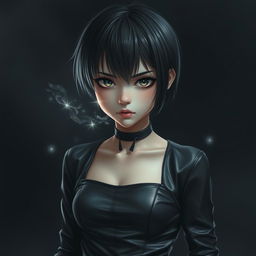 A girl with short hair dressed in sleek leather clothing, standing in a dramatic pose, her eyes filled with tears and an intense expression of hatred