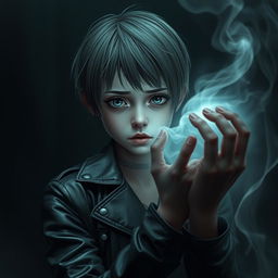 A girl with short hair dressed in edgy leather clothes stands in a tense yet emotionally charged scene