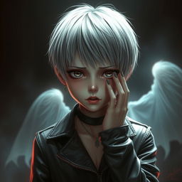 A girl with short hair dressed in edgy leather clothes stands in a tense yet emotionally charged scene
