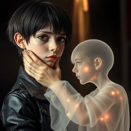 A girl with short hair dressed in edgy leather clothes stands in a tense yet emotionally charged scene