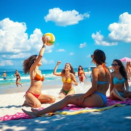 A lively beach scene featuring average girls enjoying a sunny day at the beach