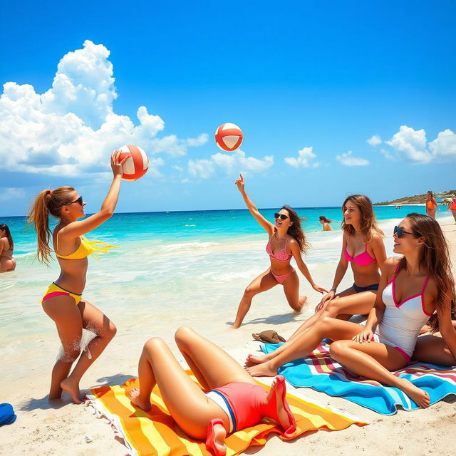 A lively beach scene featuring average girls enjoying a sunny day at the beach