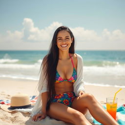 A woman with long black hair and a warm smile, wearing a colorful swimsuit and a light cover-up, sitting on the sandy beach with waves gently crashing in the background