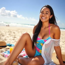 A woman with long black hair and a warm smile, wearing a colorful swimsuit and a light cover-up, sitting on the sandy beach with waves gently crashing in the background