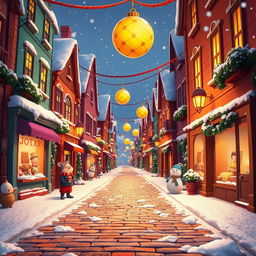 A vibrant, animated cobblestone street scene, covered in a blanket of snow and enhanced with playful, whimsical elements