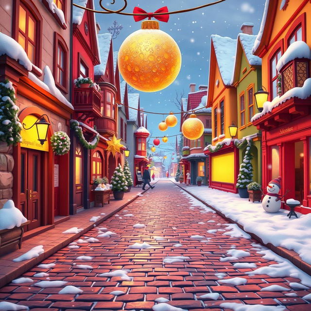 A vibrant, animated cobblestone street scene, covered in a blanket of snow and enhanced with playful, whimsical elements