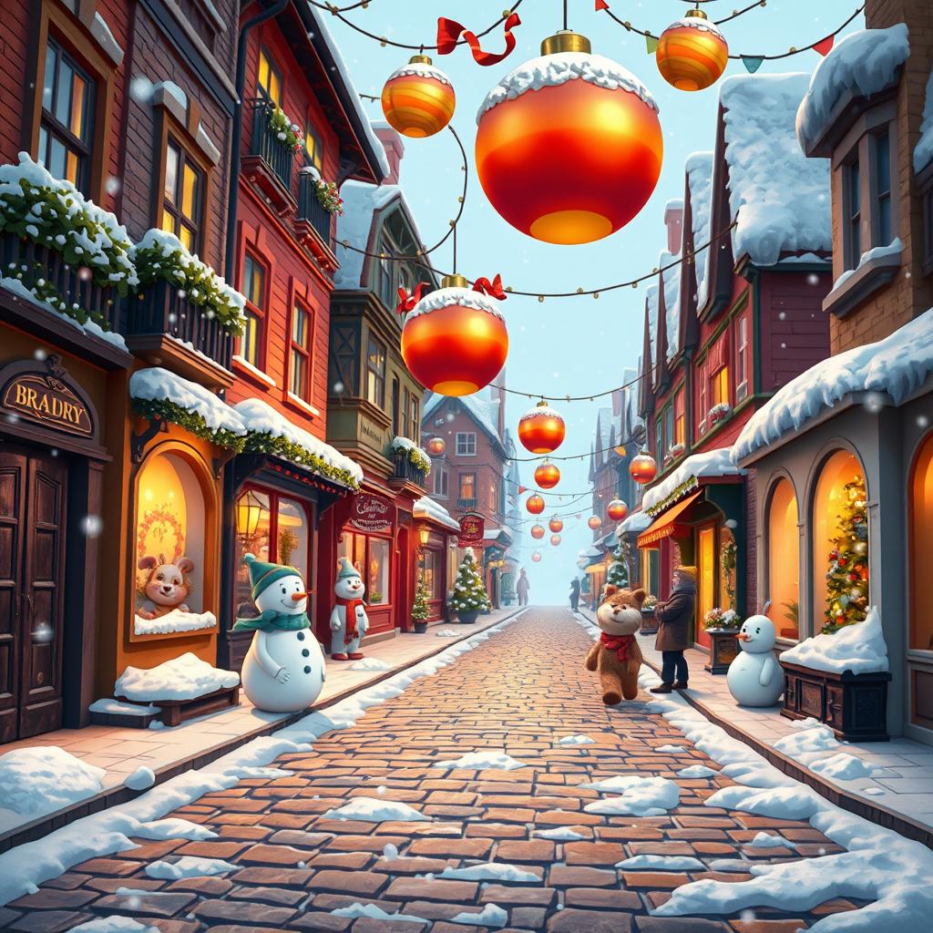 A vibrant, animated cobblestone street scene, covered in a blanket of snow and enhanced with playful, whimsical elements