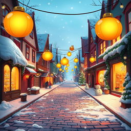 A vibrant, animated cobblestone street scene, covered in a blanket of snow and enhanced with playful, whimsical elements